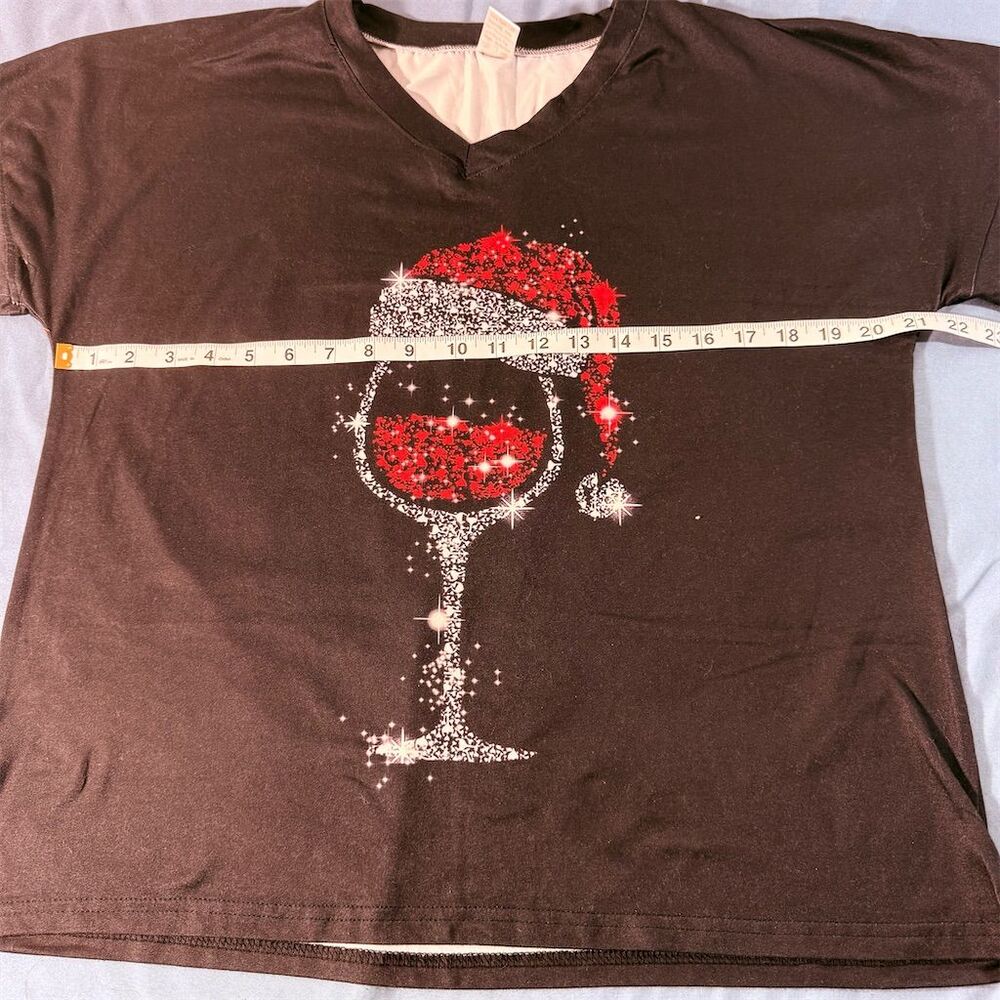 Womens Christmas Wine Glass Santa Hat Pajama Set Black Shorts V-Neck Top Large - Picture 5 of 7